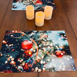 Christmas Tree Branches Decorated with Garland and Ornaments Placemat Dining Table Machine Washable Tumble Dry Upscale Dining Room Decor