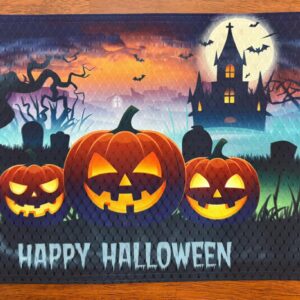 Happy Halloween Three Jack O Lanterns Placemat for Your Dining Table - Ink Sublimation/Dye Diffusion. Washable, Upscale Dining Room Decor