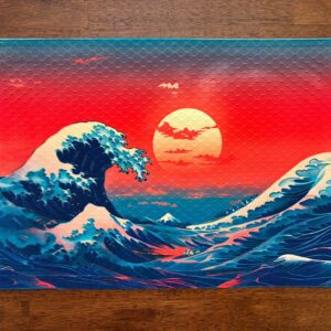 Kurosawa Wave on Red Sky Japanese Art Placemat Machine Washable Unique Dining Decor