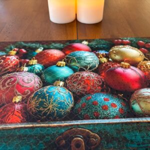 Blown Glass Christmas Balls in Wooden Box Placemat - Holiday Decor - Machine Washable Unique